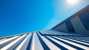 Showcasing commercial metal roofing panels on a modern commercial building under bright sunlight.