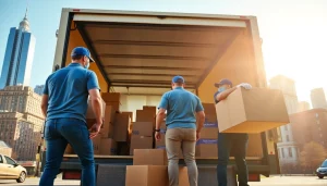 Hire Cheap movers nyc for an efficient move, showcasing professional movers and vibrant NYC skyline.