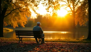 Reflecting on dealing with grief, a figure sits by a tranquil lake surrounded by autumn trees.