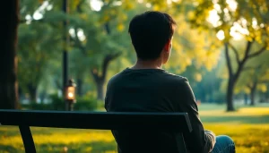 Person reflecting on dealing with grief in a peaceful park setting.