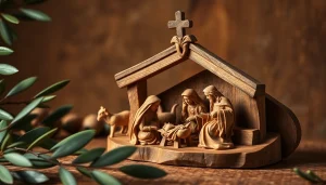 Handcrafted olive wood carvings depicting a nativity scene with intricate detailing in warm tones.