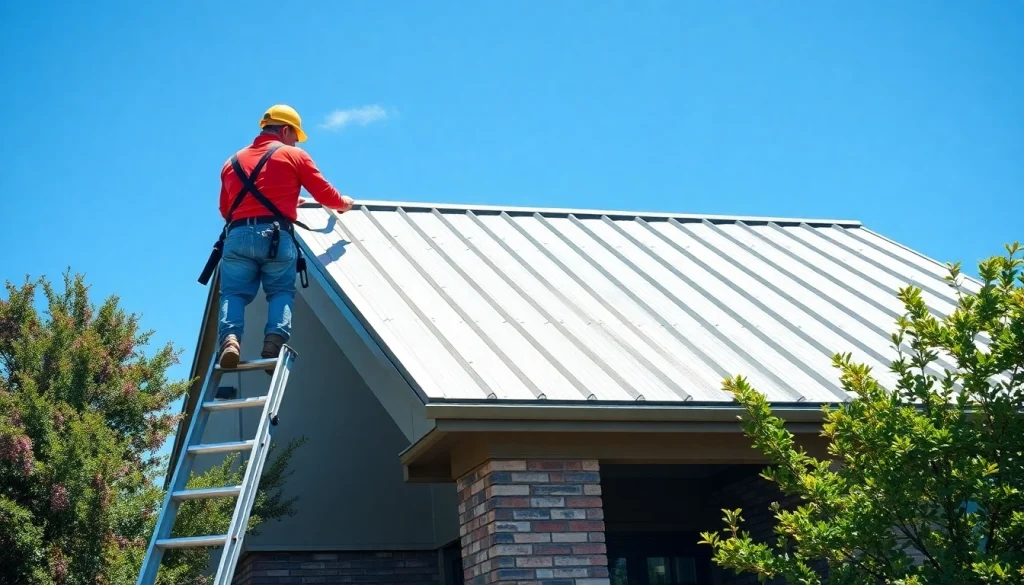 Showcasing metal roofing installation in Austin with a skilled worker against a vibrant residential backdrop.