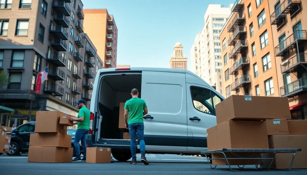 Efficient team of cheap movers nyc unloading furniture in a bustling NYC neighborhood.