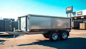 Highlighting dumpster trailers for sale, this vibrant image showcases a heavy-duty trailer in a dealership.