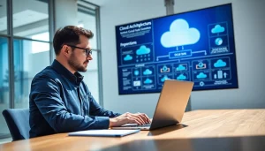 Cloud migratie expert die innovatieve strategieën presenteert in een moderne kantooromgeving.