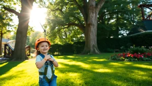 Child preparing to use a ZIP WIRE KIT in a vibrant backyard setting.
