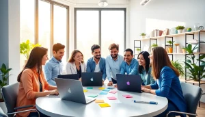 Showcasing Callzent Culture, a diverse team collaborates in a vibrant office setting.