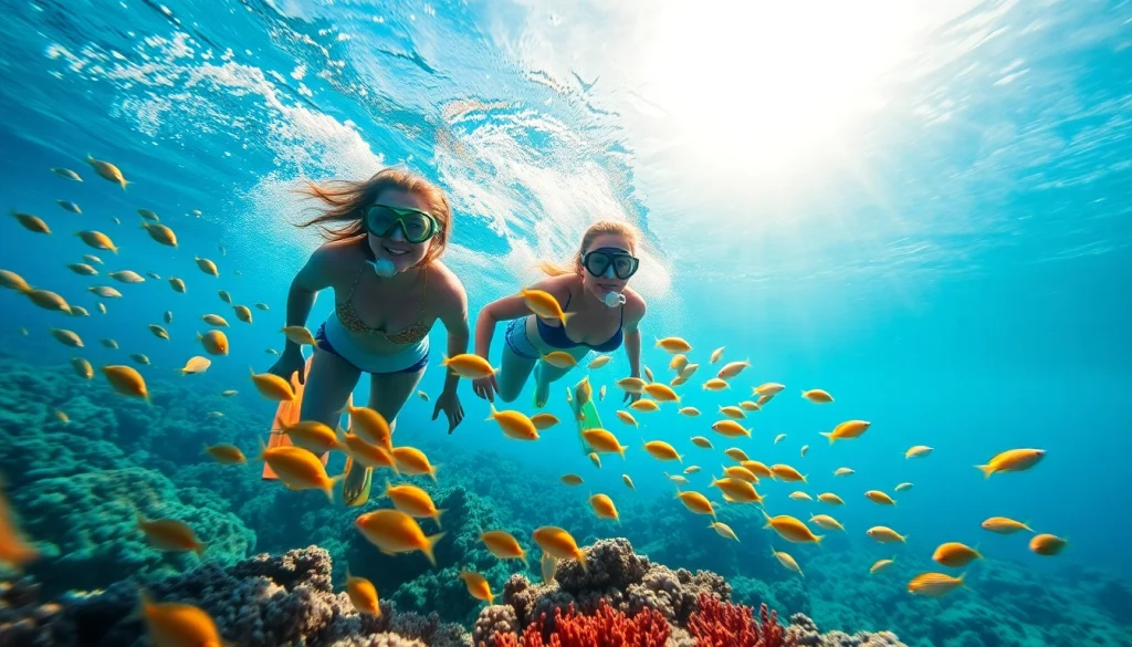 Snorkeling Puerto Rico scene with colorful fish around snorkelers in crystal-clear water.