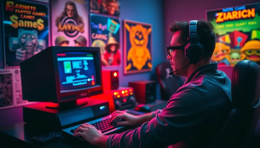 Engage to play dos games at a retro gaming station with neon lights and vintage technology.