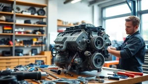 Engine replacement process in a professional garage with focused mechanic.