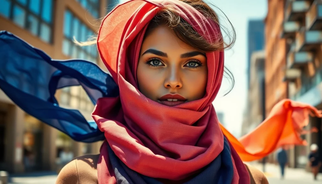 Discover unique styles of vela scarves showcased by a diverse model in an urban setting.