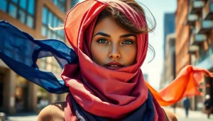 Discover unique styles of vela scarves showcased by a diverse model in an urban setting.