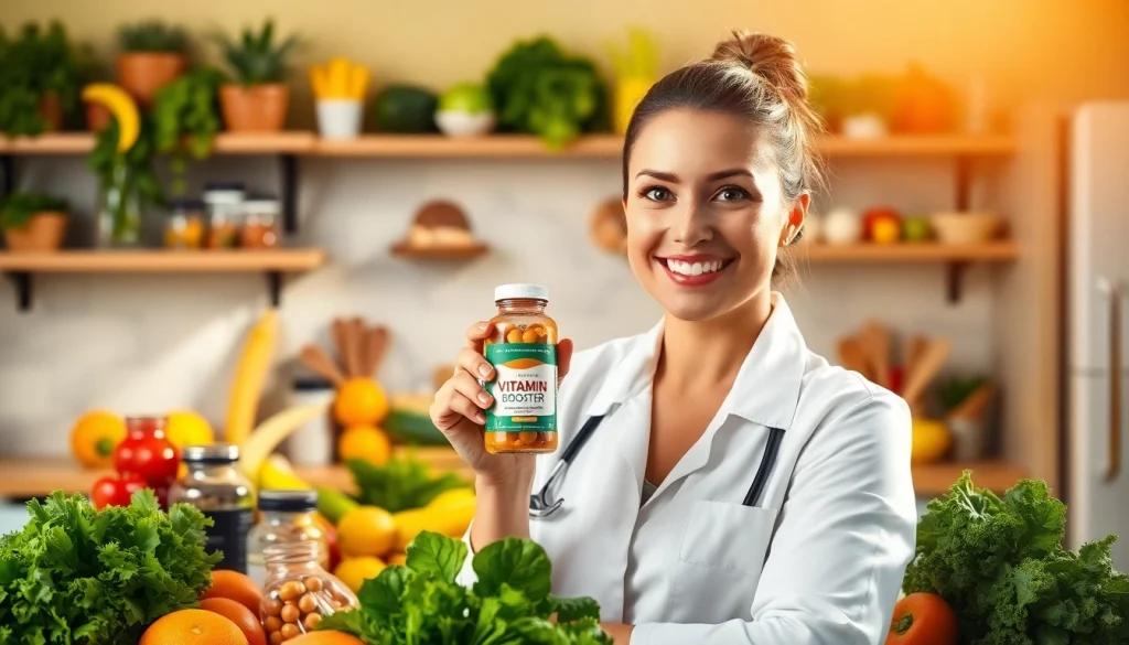Discover the benefits of Vitamin Boosters with a nutritionist in a vibrant kitchen filled with fresh produce.