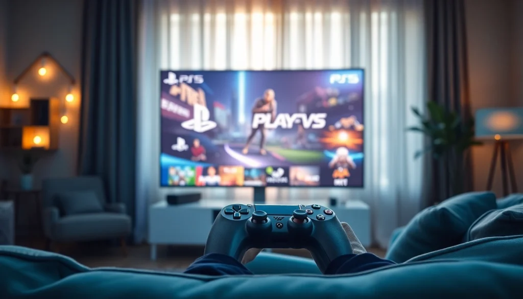 Experience thrilling PS5 games in a cozy living room with ambient lighting and a gaming controller.