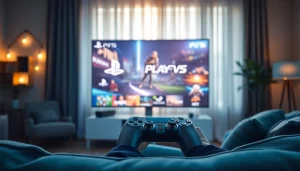 Experience thrilling PS5 games in a cozy living room with ambient lighting and a gaming controller.