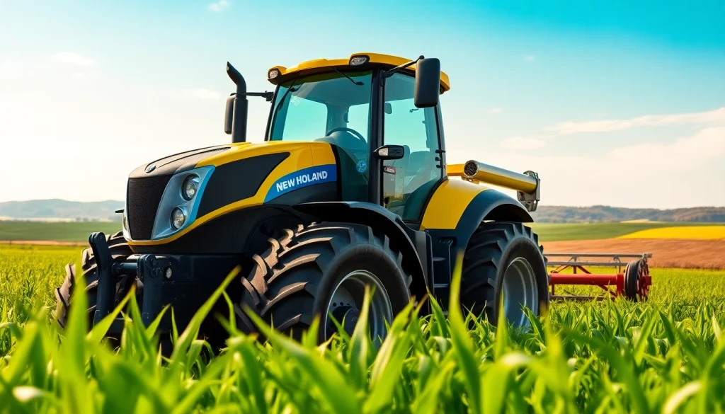 Neue Holland Traktoren arbeiten effizient auf einer blühenden Farm mit sattem Grün.