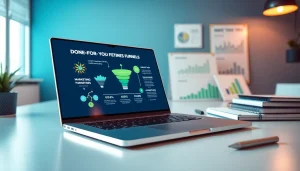 Visualizing Done-for-you funnels with a professional digital marketing setup and growth graphics.