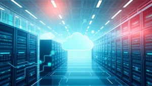 Showcasing Cloud infrastructure and DevOps services with interconnected servers and digital environments.