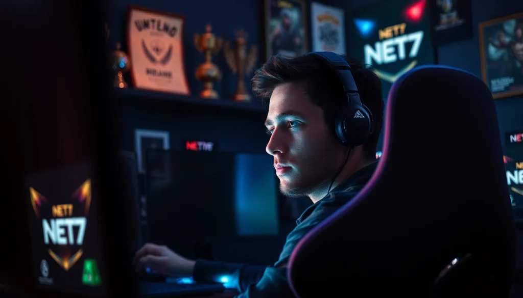Gamer fokus memainkan net77 game di lingkungan gaming modern dengan peralatan canggih.