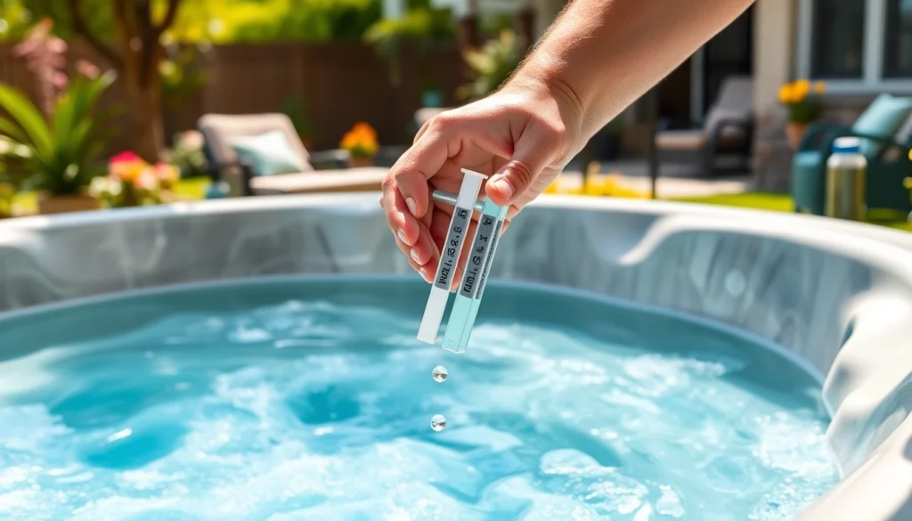 Performing hot tub maintenance by testing water chemistry with essential tools.