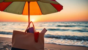Embrace summer travel with a stylish air convert tote on a serene beach at sunset.