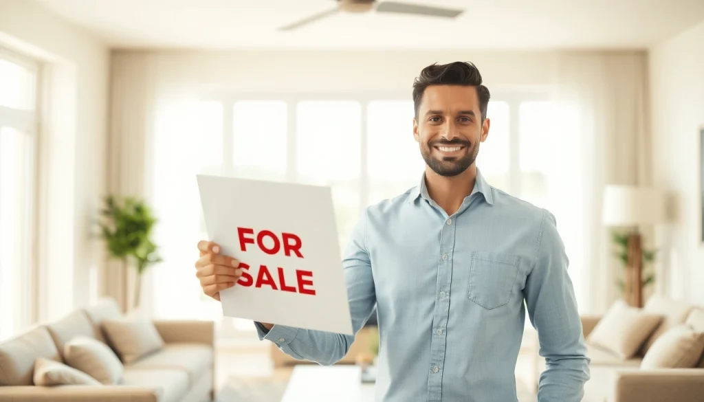 Selling my house urgently with a confident homeowner in a bright living room.