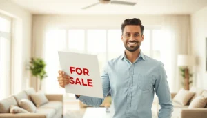 Selling my house urgently with a confident homeowner in a bright living room.