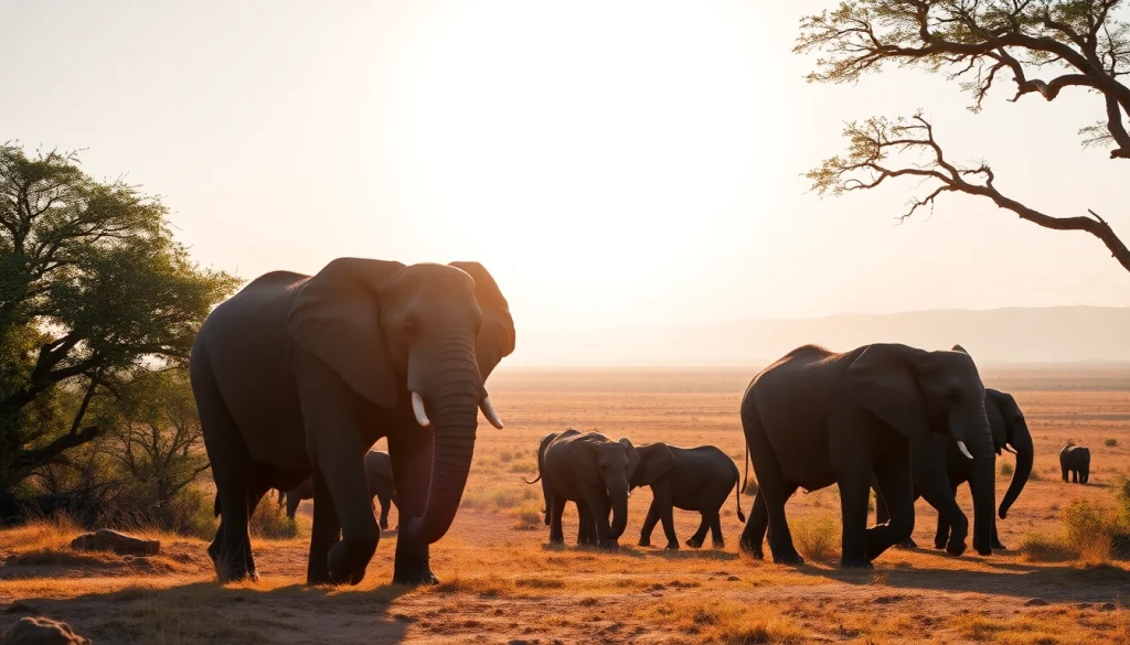 Experience Tanzania Lodge Safari Tours featuring elephants in the Serengeti under golden light.