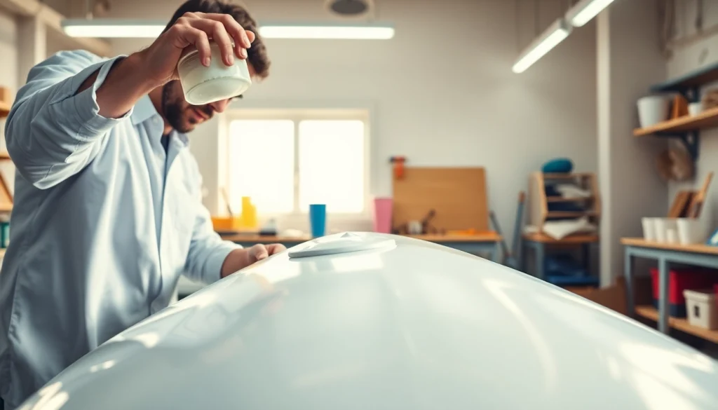 Apply laminating resin during a professional workshop project.