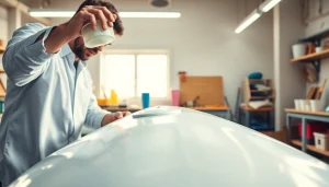 Apply laminating resin during a professional workshop project.