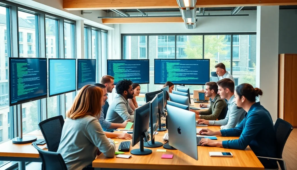 Collaborative web development team working on technology solutions at modern office