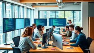 Collaborative web development team working on technology solutions at modern office