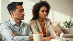 Couple discussing their relationship breakup in an emotional moment in a cozy living room.