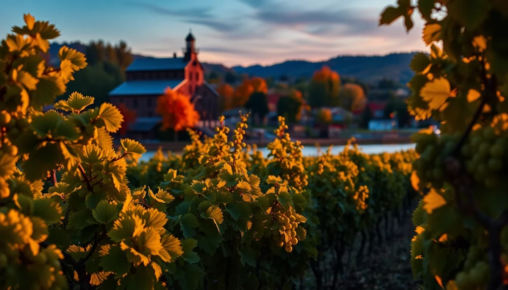 Captivating view of Carksburg ca with vineyards and Old Sugar Mill under twilight skies.