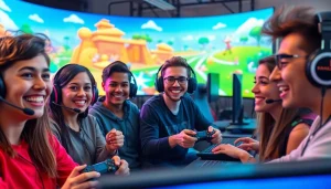 Mainkan game online dengan gamer yang bersemangat dan lingkungan yang penuh warna.