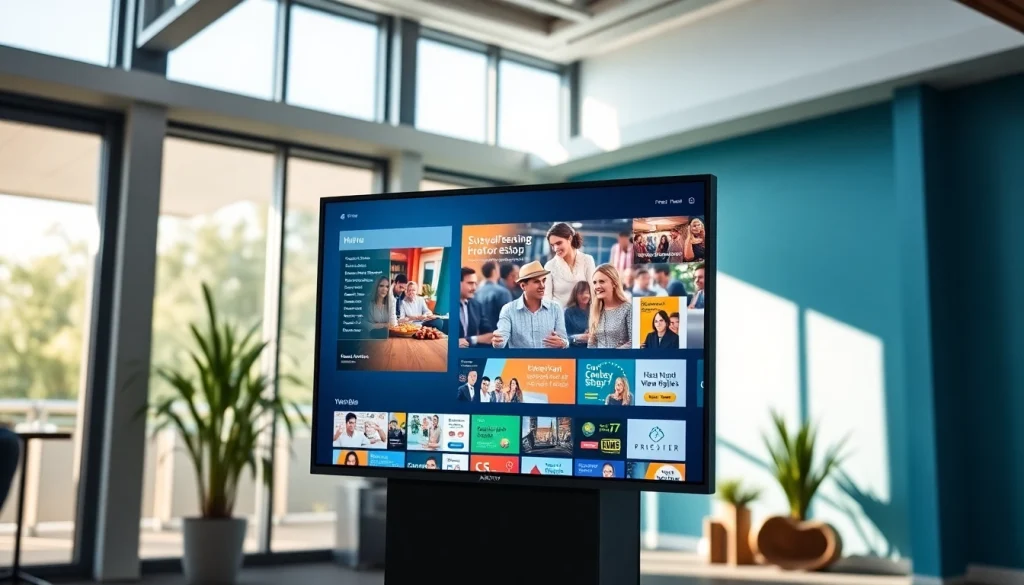 Utilize Fire TV digital signage app to display vibrant content in a modern office setting.