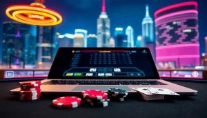Experience trusted online casino gaming in Malaysia 2025 with a vibrant city skyline backdrop.