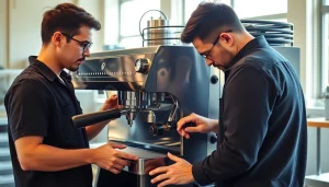 Cimbali teknik servis technician expertly fixing an espresso machine in a professional setting.