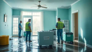 Emergency Restoration efforts with a professional team repairing water-damaged home.