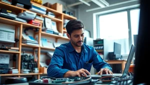 Technician providing computer repair services on a laptop in a professional environment.