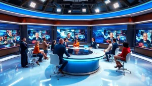 Highlighting justnownews.press with a vibrant newsroom filled with journalists discussing the latest updates.