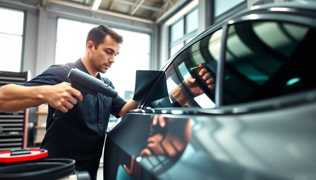 Enhance car window tinting with expert application in a bright automotive workshop setting.