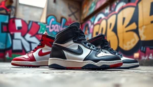 Showcase high quality replica Jordans highlighting craftsmanship against urban street art background.