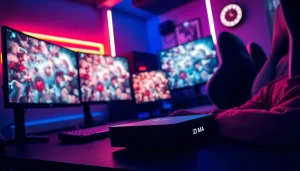 Showcasing dma cheats setup in a pro gamer environment with monitors and DMA devices.