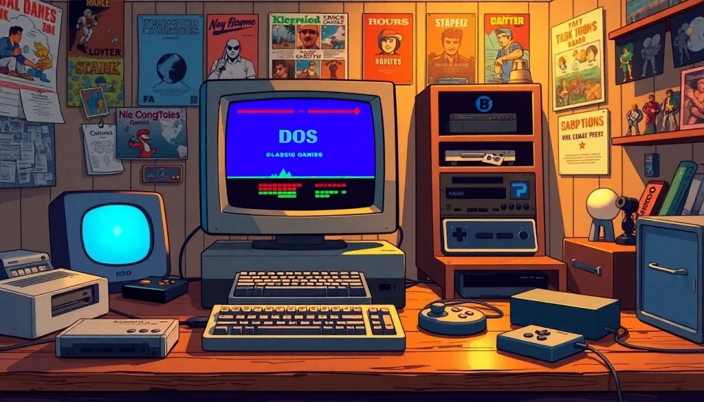 Engaging scene of users ready to play dos games with vintage hardware and nostalgic decor.