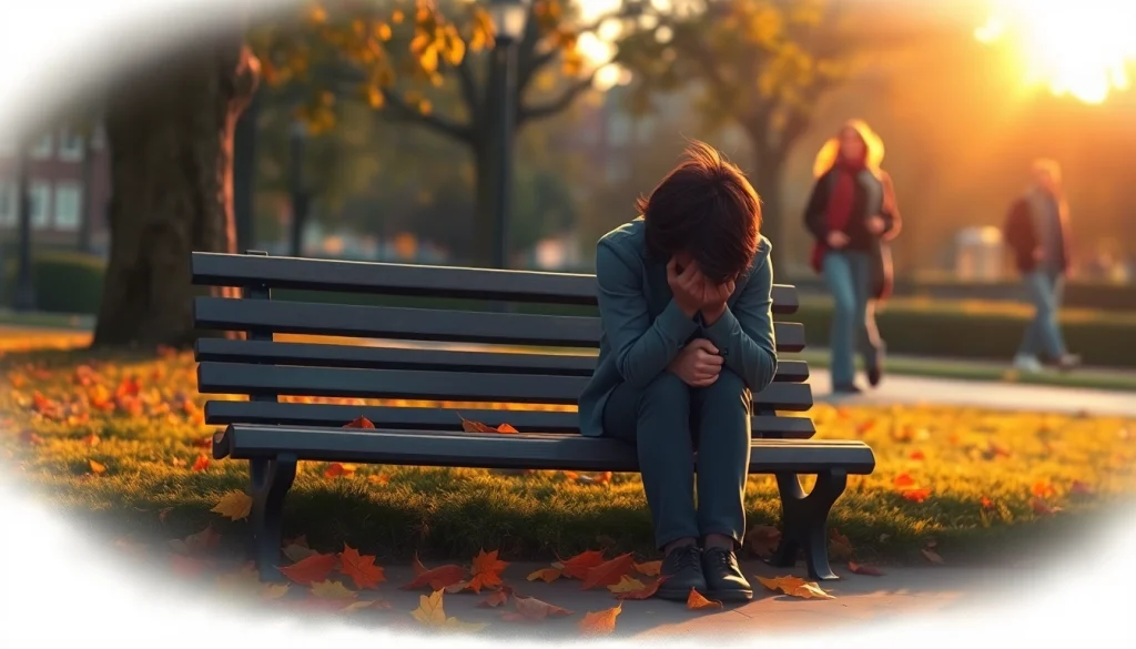 A person experiencing a relationship breakup sits alone, reflecting on emotional turmoil amidst falling leaves.