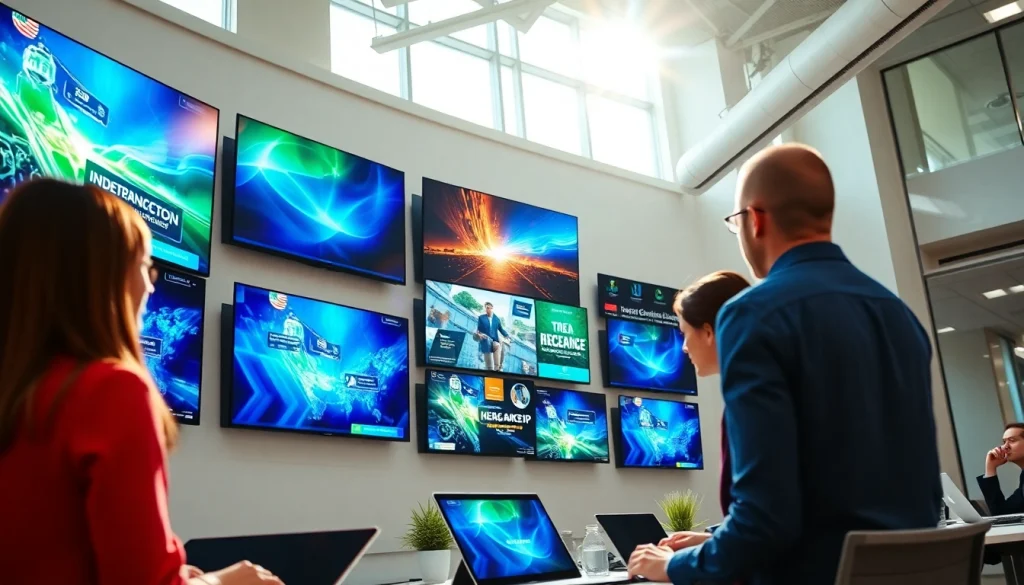 Showcasing digital signage technology with vibrant displays in a modern office environment.
