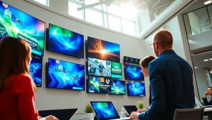 Showcasing digital signage technology with vibrant displays in a modern office environment.