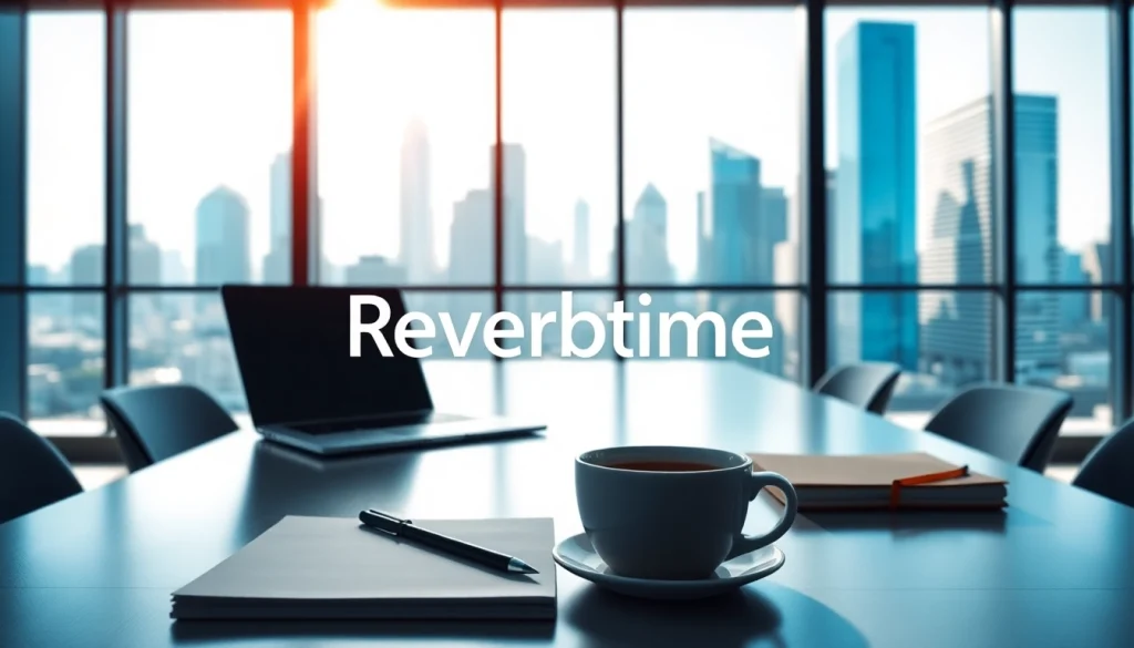 Highlighting Reverbtime Magazine logo with a modern office setup featuring a laptop and city skyline.