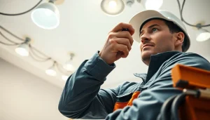 Electrical Contractor Clearwater expertly installing lighting fixtures in a cozy home environment.